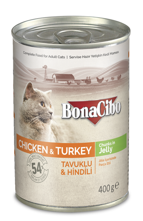 BonaCibo Canned Wet Adult Cat Food Chicken And Turkey Chunks In Jelly 400gm