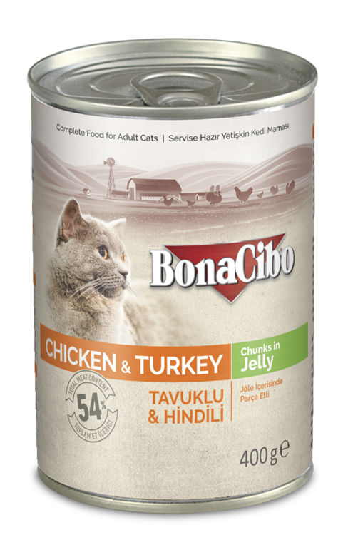 Bonacibo Canned Wet Adult Cat Food Chicken And Turkey Chunks In Jelly 400gm