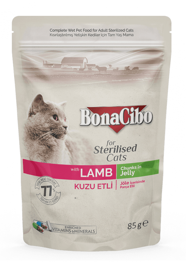 Bonacibo Adult Cat Food Pouch Sterilized Cat Lamb Chunks in Jelly 85g