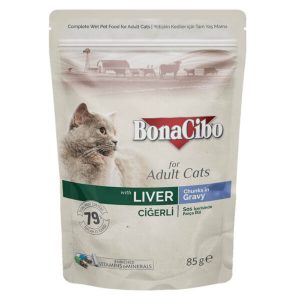 BonaCibo Adult Cat Food Pouch Liver Chunks in Gravy 85g
